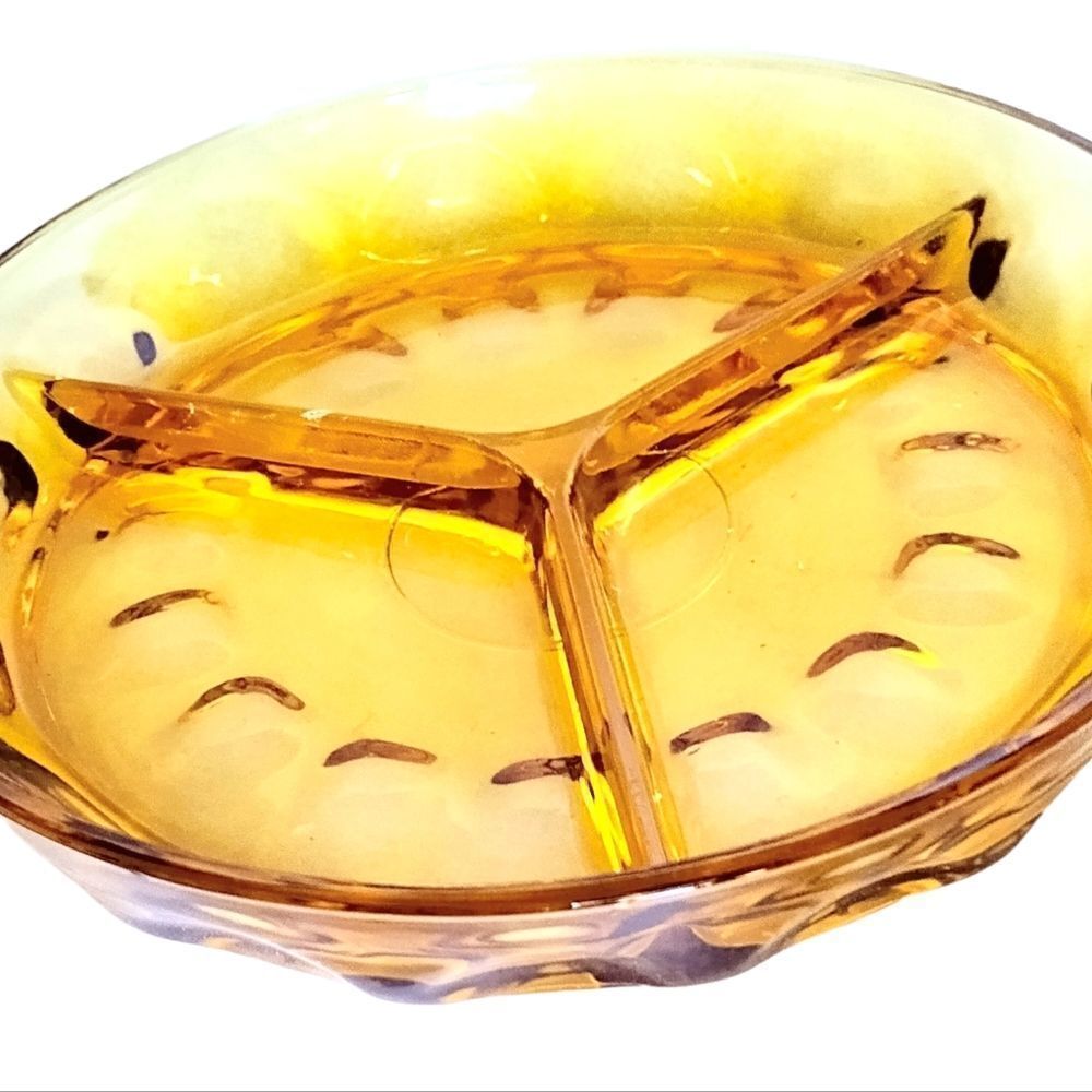 Amber Glass Vintage Divided Relish Dish - 3 Sections - "Thumbprint Pattern